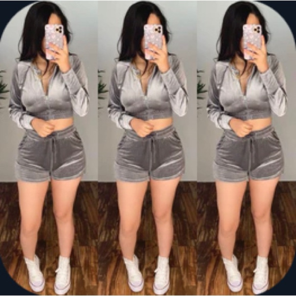 Tinas Fashion Gray Velour 2 Piece Short Set NWT